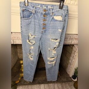 We The Free Distressed Boyfriend Jeans 29 Button Fly Raw Hem Light Wash Denim